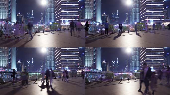晚上上海浦东陆家嘴人行天桥上人流延时摄影
