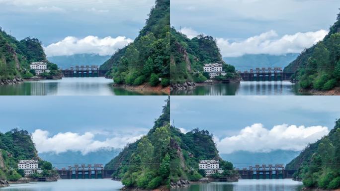 雨后山谷中水库发电站走云烟缭绕