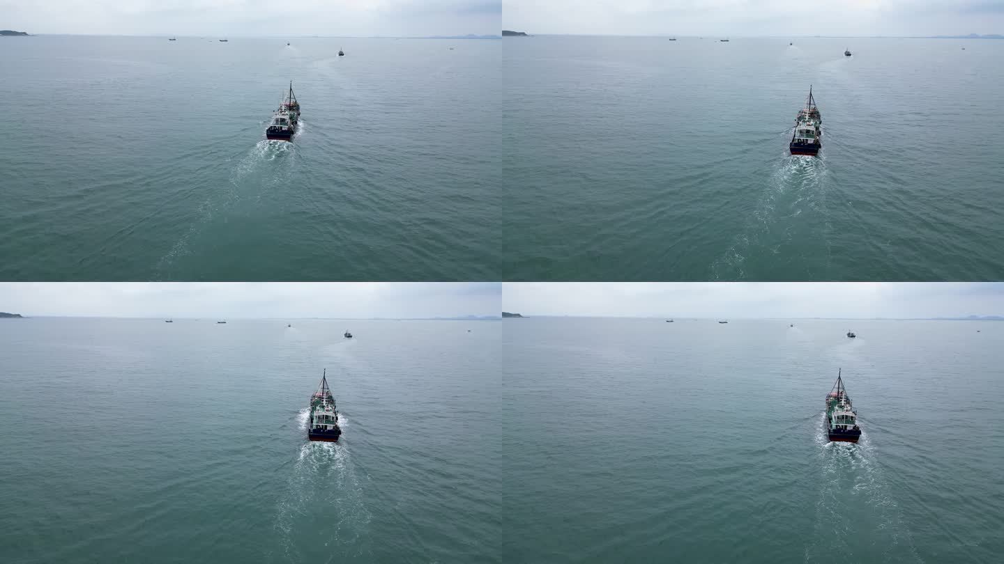 电白架海海面行驶的渔船航拍素材