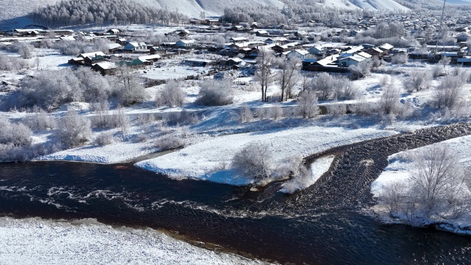 航拍早春大兴安岭雪村