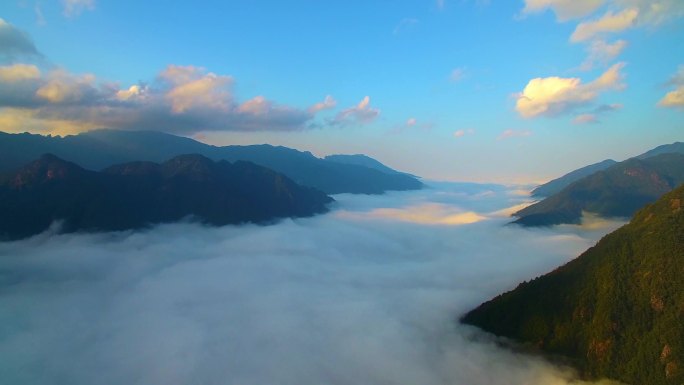 航拍武夷山黄岗大峡谷蓝天白云下的云海