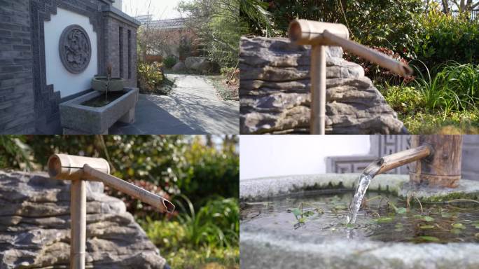 传统日本竹喷泉园林景观水流园艺