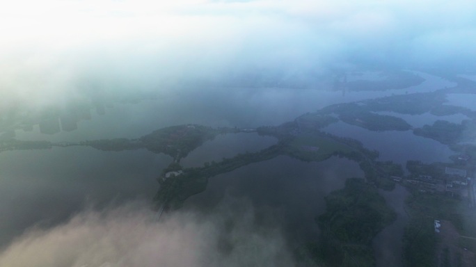 清晨湿地公园云海绿色生态航拍