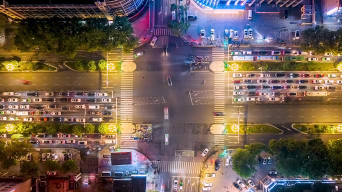 城市路口交通夜景航拍延时