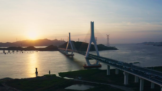 4k_浙江舟山跨海大桥夕阳航拍亚运会