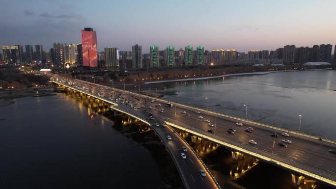 原创 沈阳浑河大桥城市夜景航拍风光