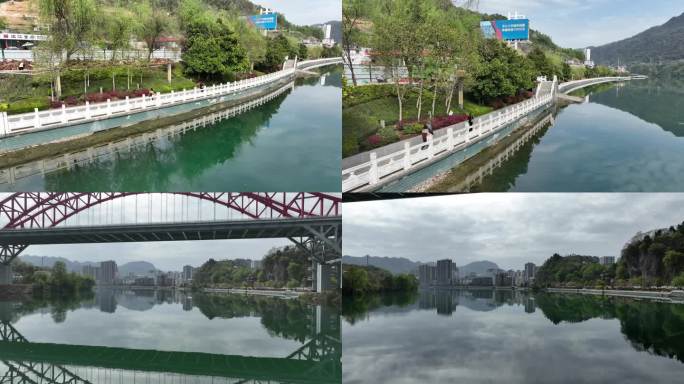 长阳县清江旁公园低空河边4K航拍