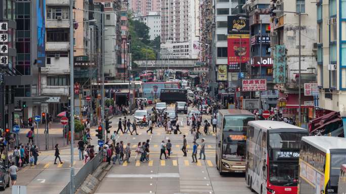 香港旺角十字路口交通人流车流延时素材