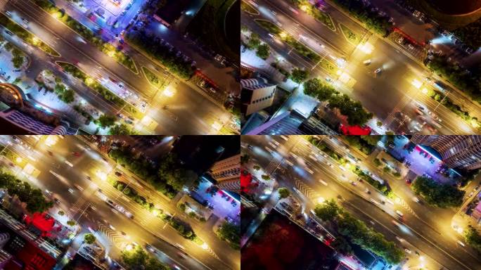 城市道路夜景顶视图航拍延时