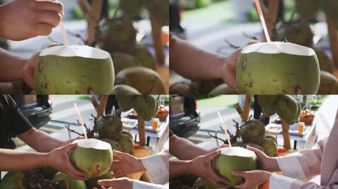 女生接过椰汁，椰子
