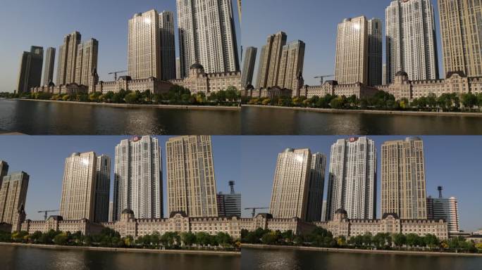 五一河边水域地标建筑低视角城市风光介绍