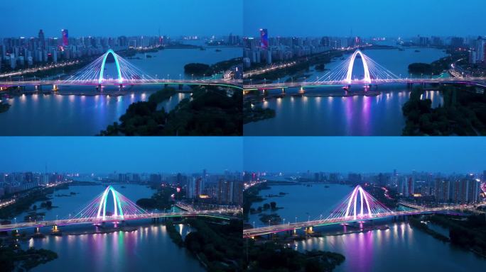 航拍临沂市沂龙湾大桥夜景