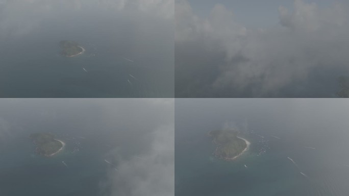 5K原视频航拍穿过云层看到加井岛海岛