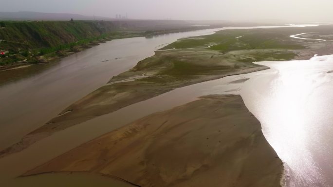 航拍郑州黄河湿地滩涂