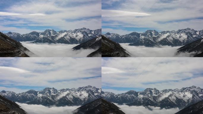 川西高原阿坝巴朗山云海云瀑布蓝天白云延时