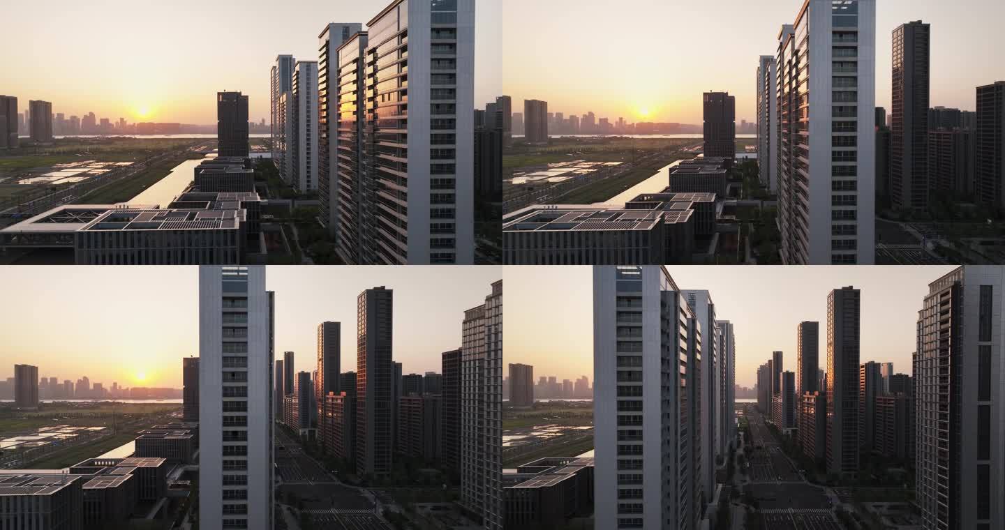 夕阳下的杭州亚运会亚运村公寓建筑航拍