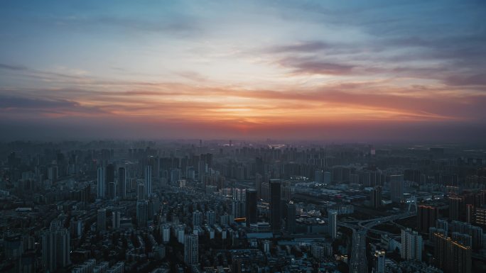 4k武汉汉口日落晚霞转夜景航拍摄影