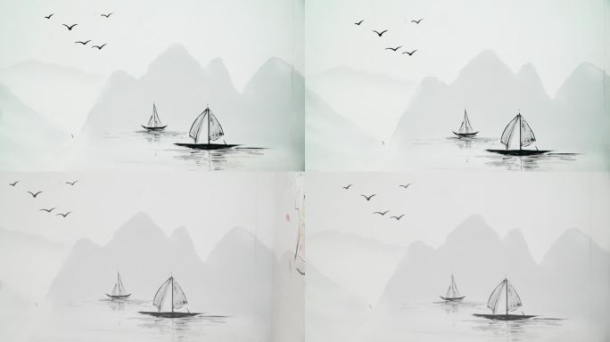 一叶孤舟白墙上的山水画