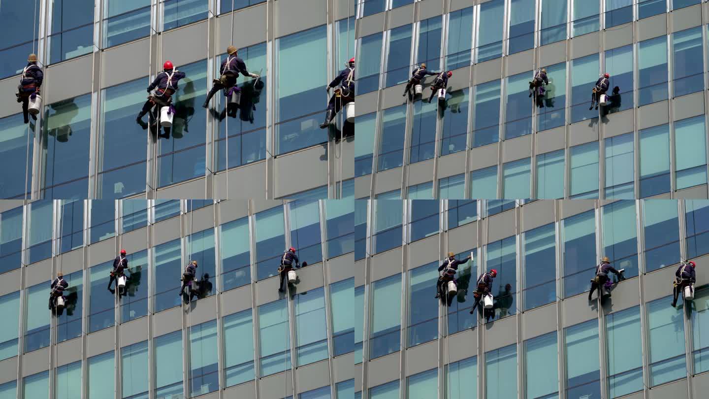 蜘蛛人高空作业玻璃外墙清洗打工人危险工作