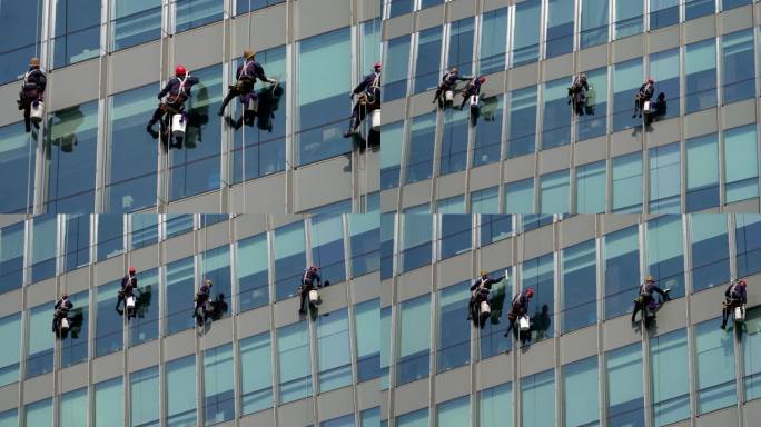蜘蛛人高空作业玻璃外墙清洗打工人危险工作
