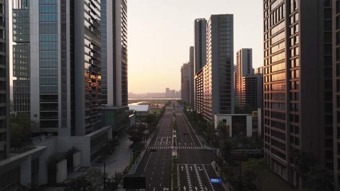 夕阳下的杭州亚运会亚运村公寓建筑航拍