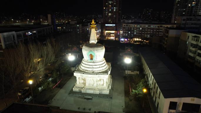 航拍沈阳护国延寿寺西塔城市夜景