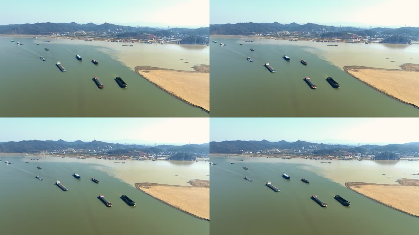 航拍九江长江里运行的货轮