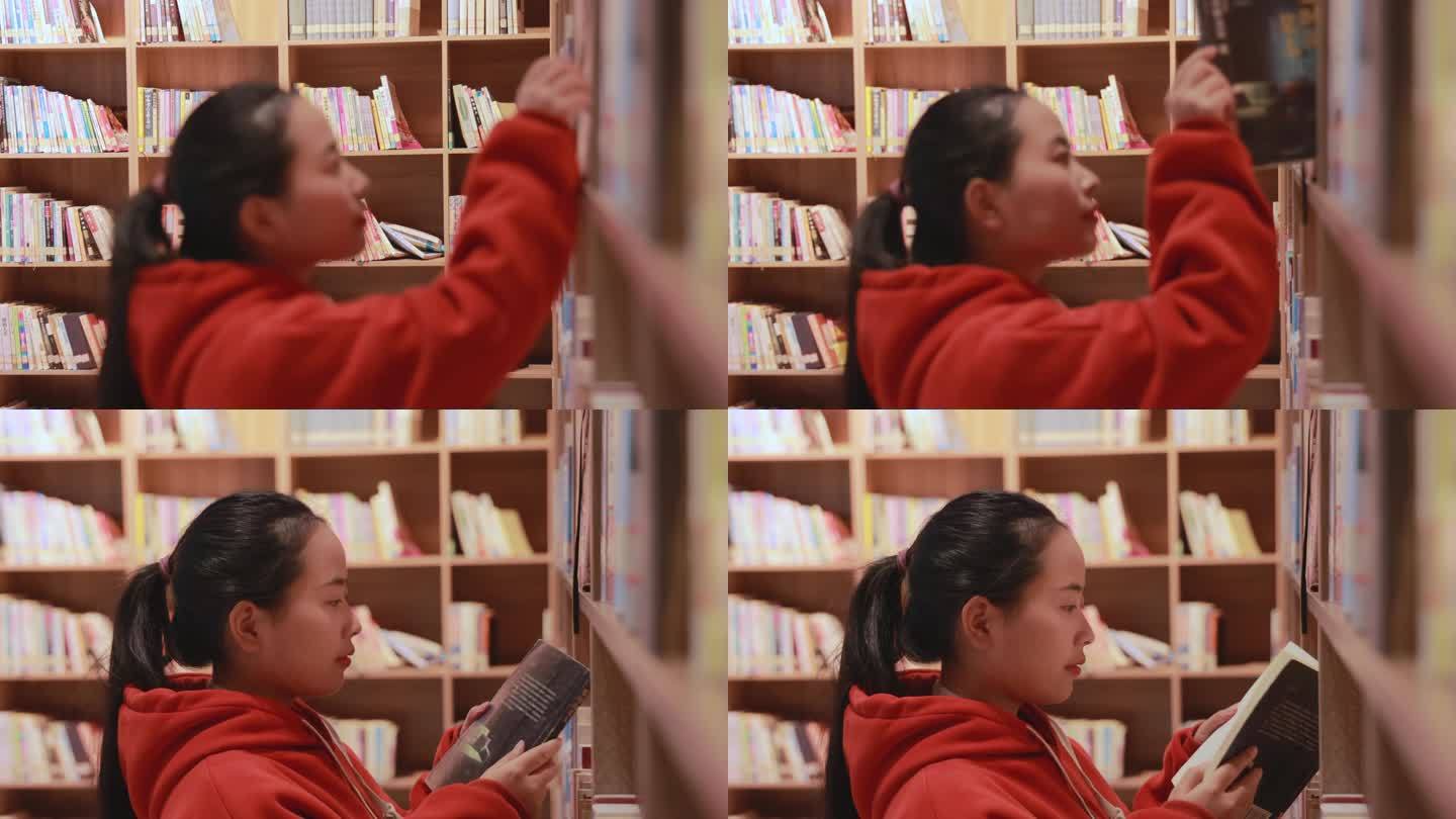 女孩图书馆认真看书拿书视频素材