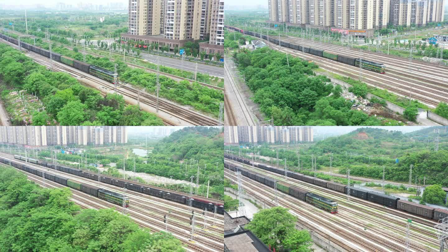 4K航拍湘桂铁路货物列车驶进衡阳北站