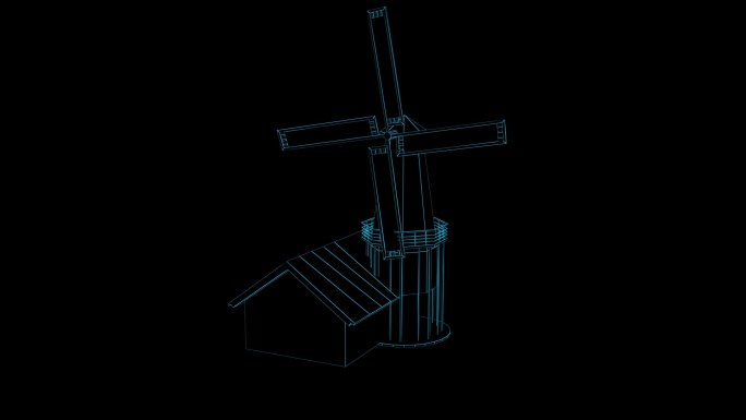 蓝色线框全息科技风车动画带通道