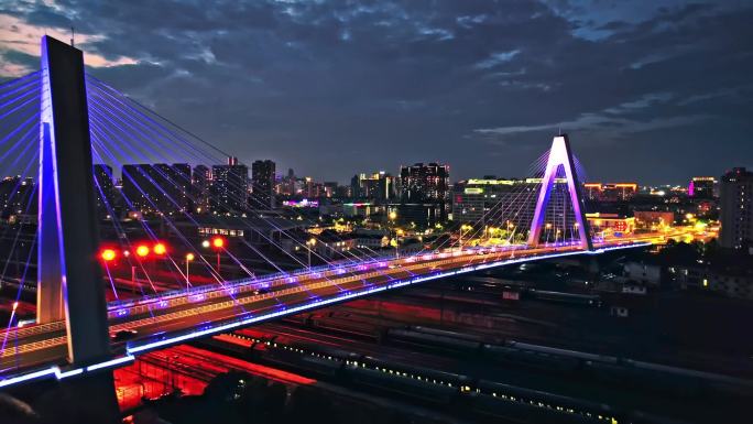 多角度航拍宁波潘火高架桥夜景蓝调时刻