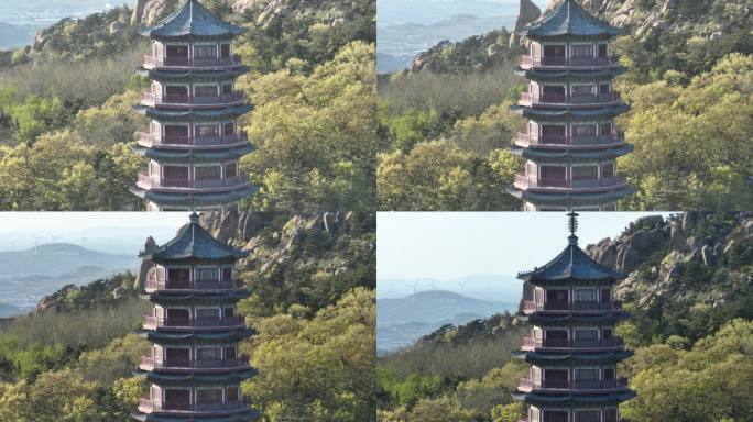 航拍初夏时节的石岛赤山风景区赤山塔