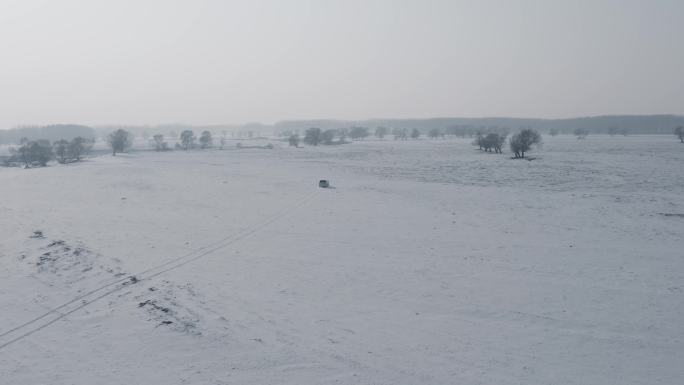 航拍汽车在雪地荒芜的深林中穿梭