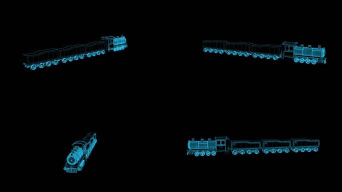 蓝色线框全息科技火车动画带通道