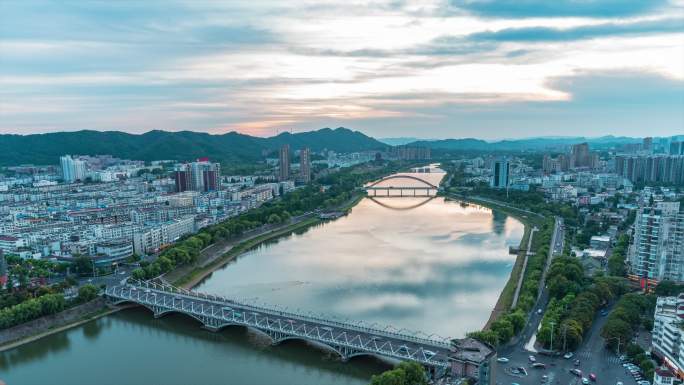 高质量河南信阳浉河河景晚霞日转夜延时