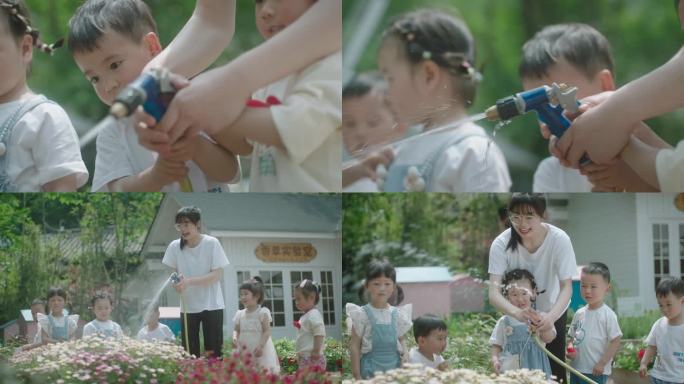 小孩农活体验 幼儿户外活动 种花浇花