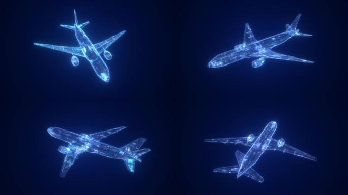 蓝色高科技飞机全息投影客机模型动画
