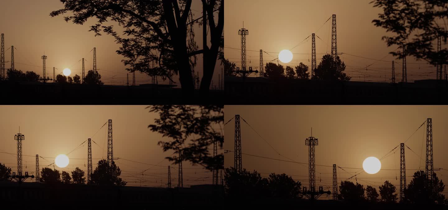农村清晨火车站情感，剪影，日出，太阳