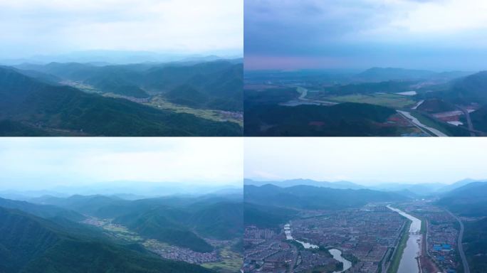 航拍雨后青山夕阳风光