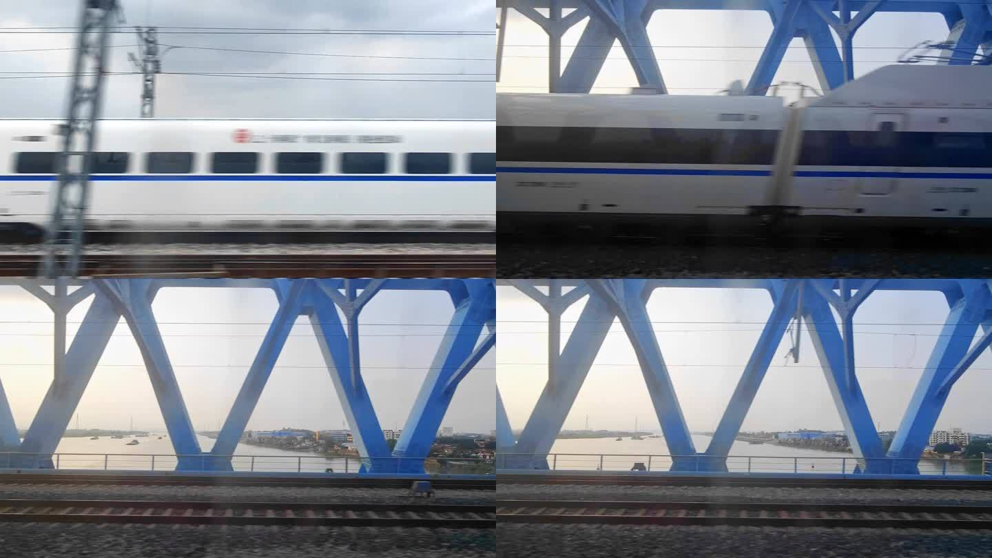 高铁动车会车过桥乘客视角