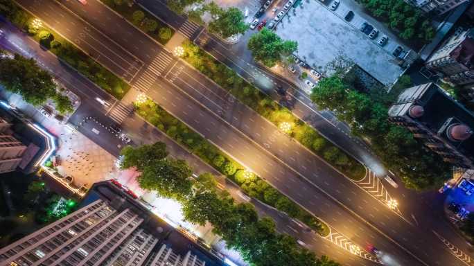 城市道路夜景顶视图航拍延时