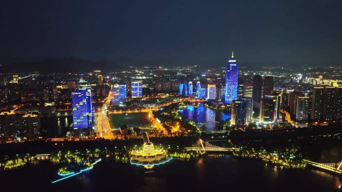 浙江绍兴迪荡湖CBD世茂中心五一夜景航拍