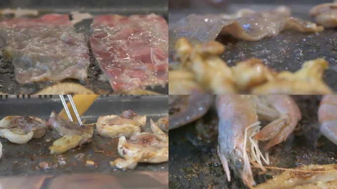 4K铁板烤肉烤虾全过程牛肉羊肉视频素材