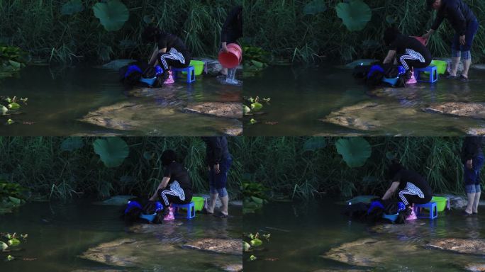 威海张村河河边洗衣的妇女