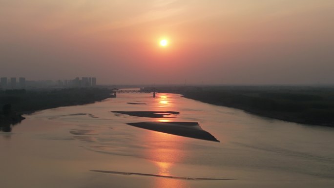 黄河日落沙洲夕阳黄昏济南航拍7