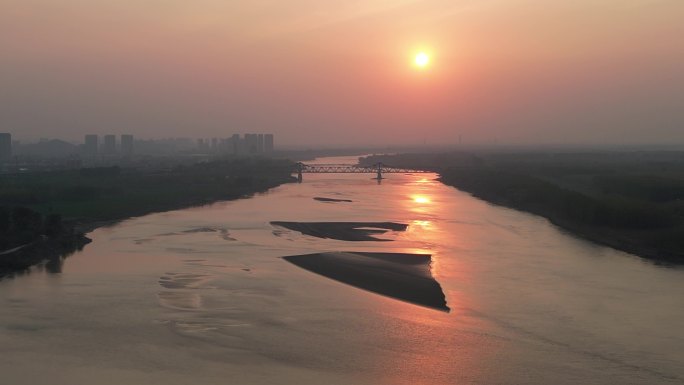 黄河日落沙洲夕阳黄昏济南航拍8