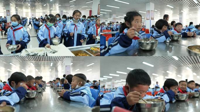 小学生食堂排队打饭吃饭
