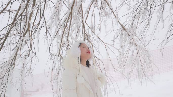 冬季女孩在雪地看雪视频