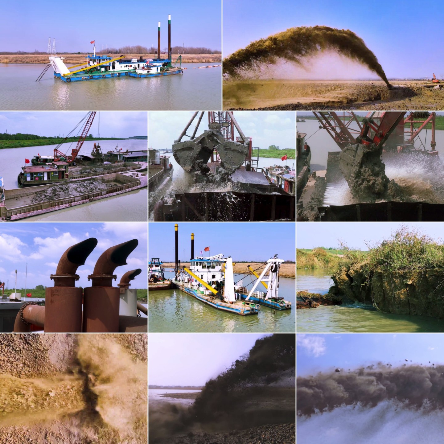 国产挖砂船挖泥船运河疏浚航道，吹沙填岛