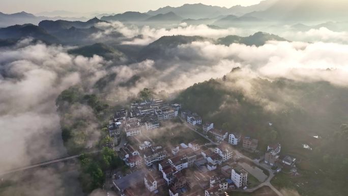 丽水缙云仙都风景区村庄日出航拍